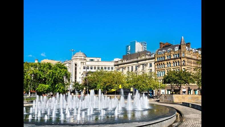 Fountains in Picadilly Gardens in Manchester